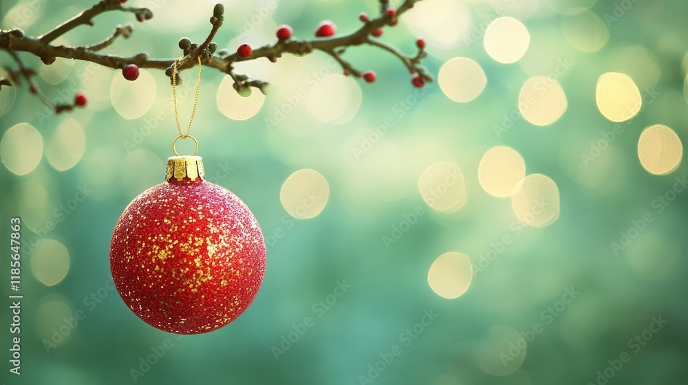 Aufkleber red and gold christmas ornament hanging from a tree branch with a blurred green background and soft 