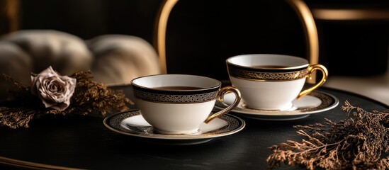 Fototapeta premium Luxurious black espresso served in fine porcelain cups accentuating a warm and inviting home ambiance.