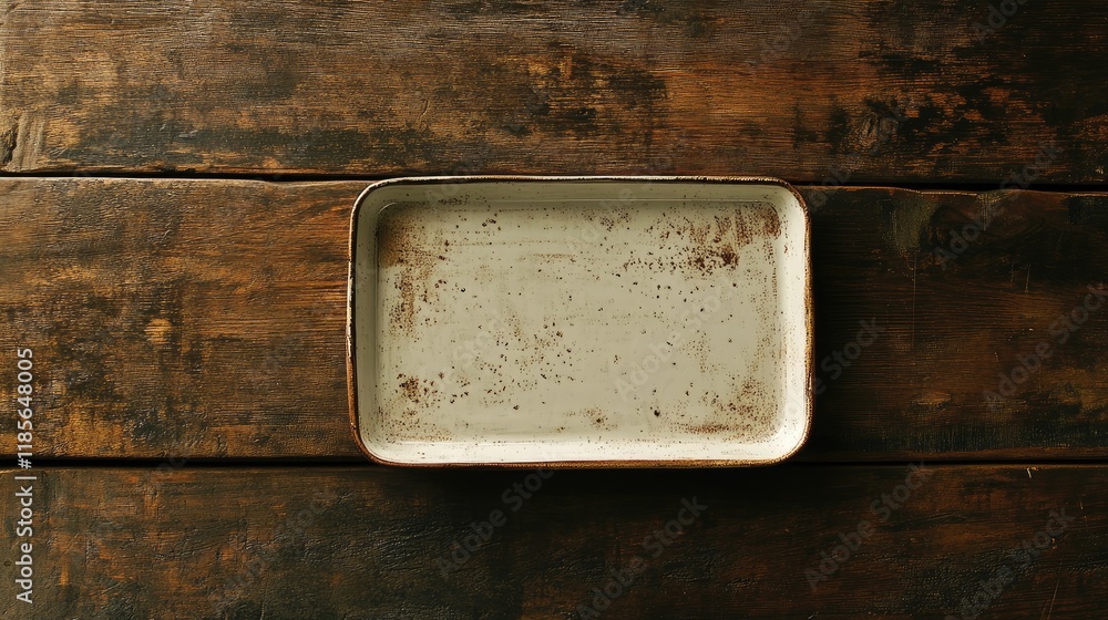Poster rustic rectangular ceramic plate on a wooden table surface with a weathered texture and vintage appe