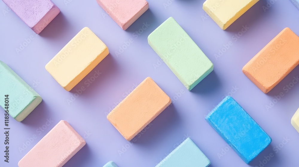 Poster pastel colored rectangular blocks arranged artistically on a soft surface for creative and design co