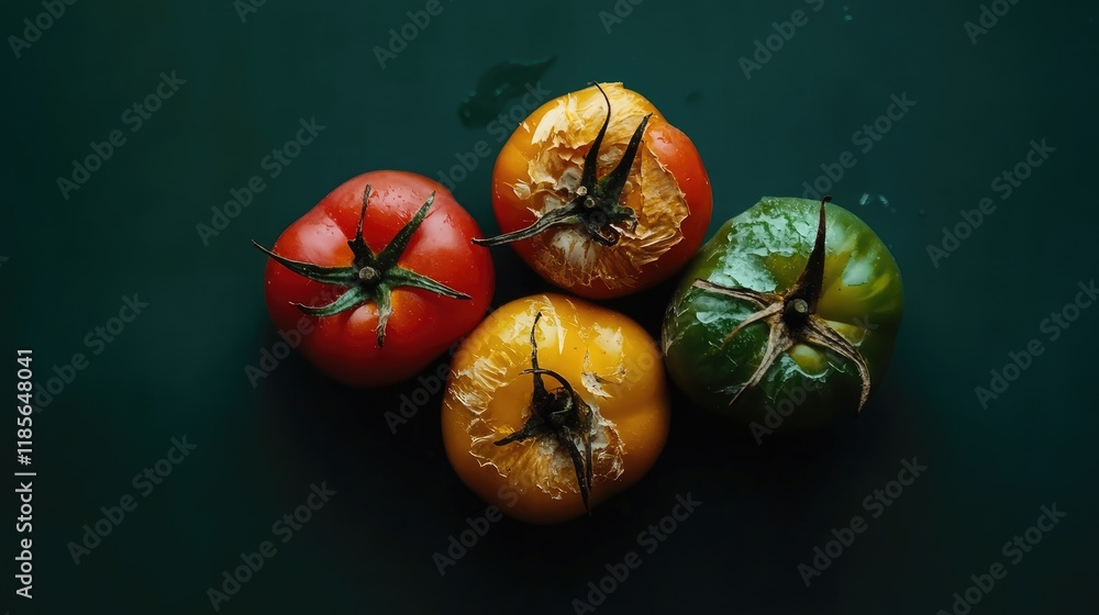 Poster ripe assorted tomatoes in vibrant colors against a dark background captured from a top view with a f