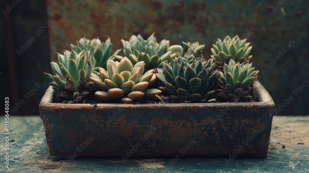 Poster rectangular planter filled with various lush succulents showcasing their unique textures and colors 