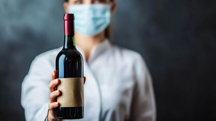 Cropped view of woman wearing medical mask in supermarket holding wine bottle with blank label against dark background and large empty copyspace for text