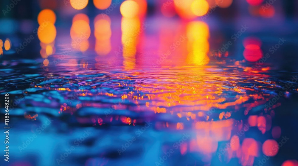 Poster vibrant urban light bokeh reflections on wet surface creating artistic background for modern design