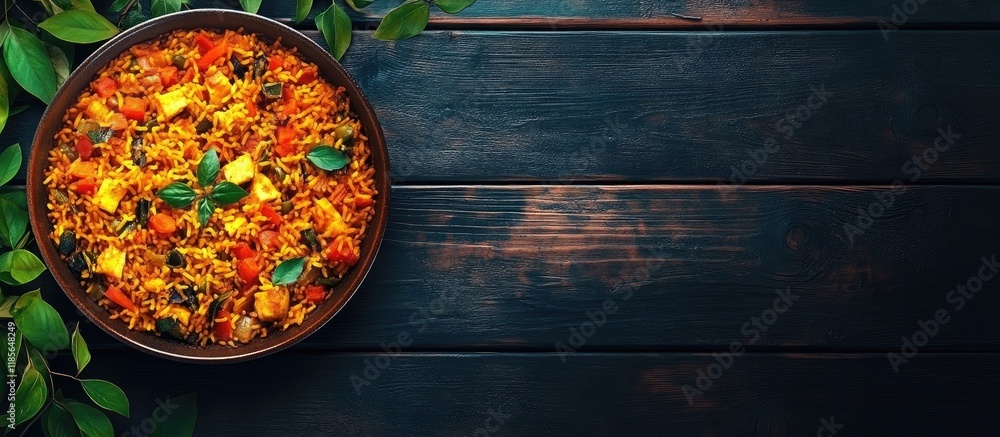 Poster vibrant spanish paella served in a rustic bowl with ample empty space for customization or text plac