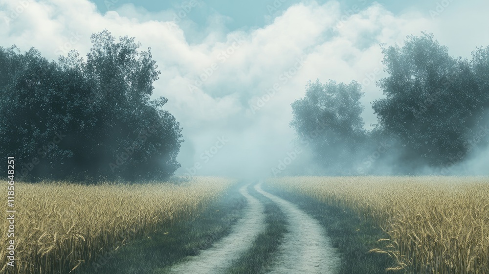 Poster serene rural road winding through golden wheat fields under hazy skies and soft clouds in a tranquil