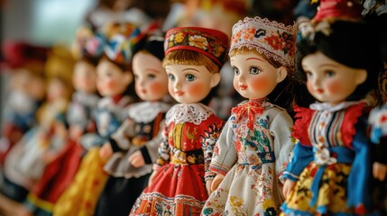 Fototapeta premium Traditional folk costume dolls displayed at a vibrant cultural fair showcasing craftsmanship and heritage through artful designs.