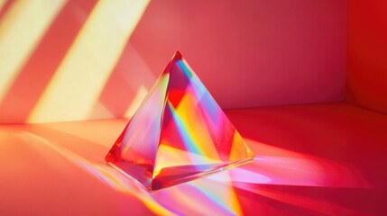 Vibrant Light Refraction Through Glass Prism on Red Surface Creating Kaleidoscopic Color Patterns