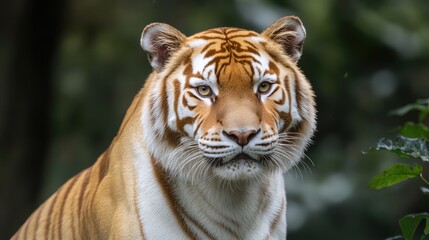 Obraz premium Vibrant reticulated tiger close-up in lush jungle environment showcasing distinct features and natural habitat elegance