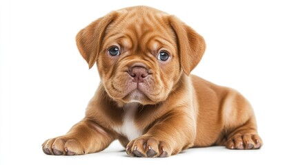Obraz premium Dogue de Bordeaux puppy lying down against a clean white background showcasing its adorable features and playful nature