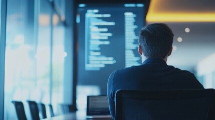 Professional photo of application developer working on UI project in contemporary meeting room with natural light and digital screen displaying code in the background, focus on blank copyspace for tex