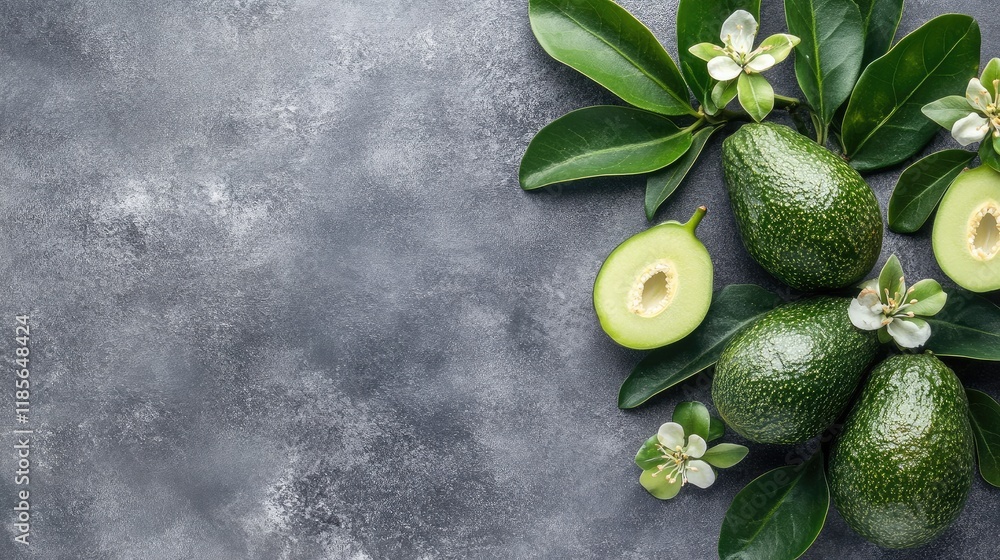 Poster ripe feijoa fruits with green leaves and delicate flowers arranged on a textured gray background wit