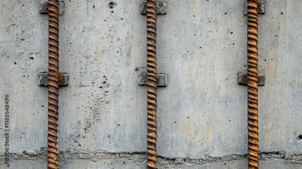Poster rusty rebar embedded in a textured concrete wall showcasing industrial construction elements and str