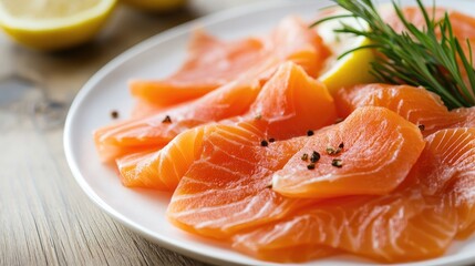 Smoked salmon fillet garnished with herbs and lemon served on a white plate in an elegant restaurant setting on wooden table