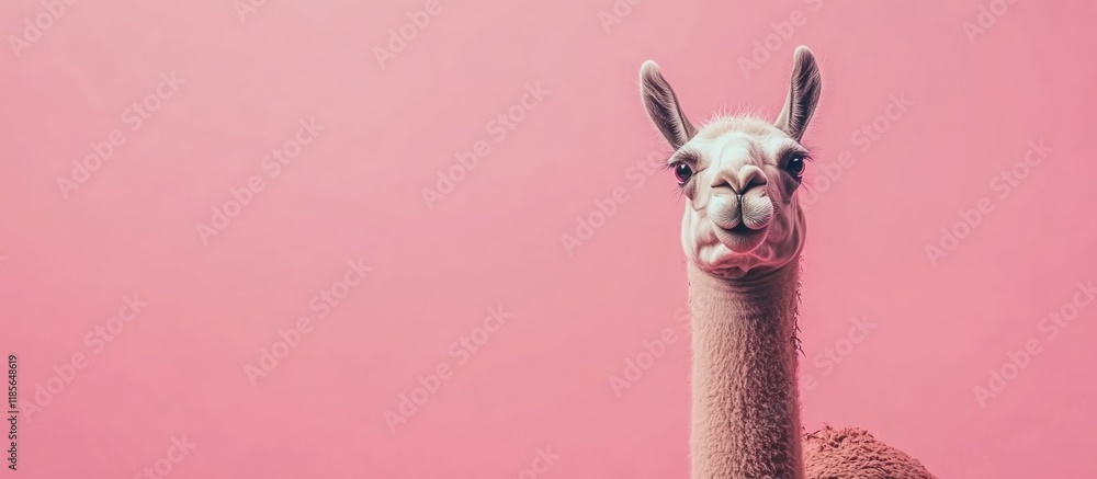Aufkleber llama with a playful expression against a bright pink studio wall, featuring a large empty space for