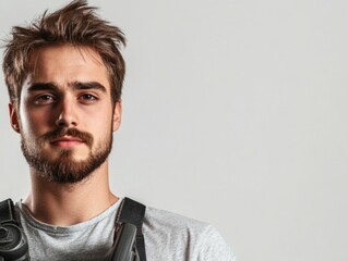 Obraz premium Young man with beard holding trimmer in studio with light gray background and ample copyspace for text on right side of image.