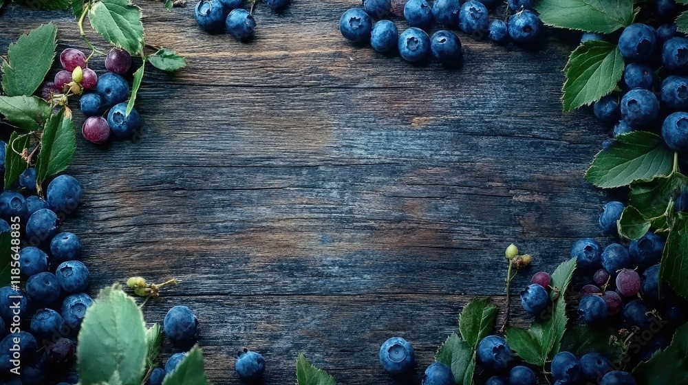 Poster fresh blueberries arranged on a rustic wooden table with natural leaves and ample space for text or 