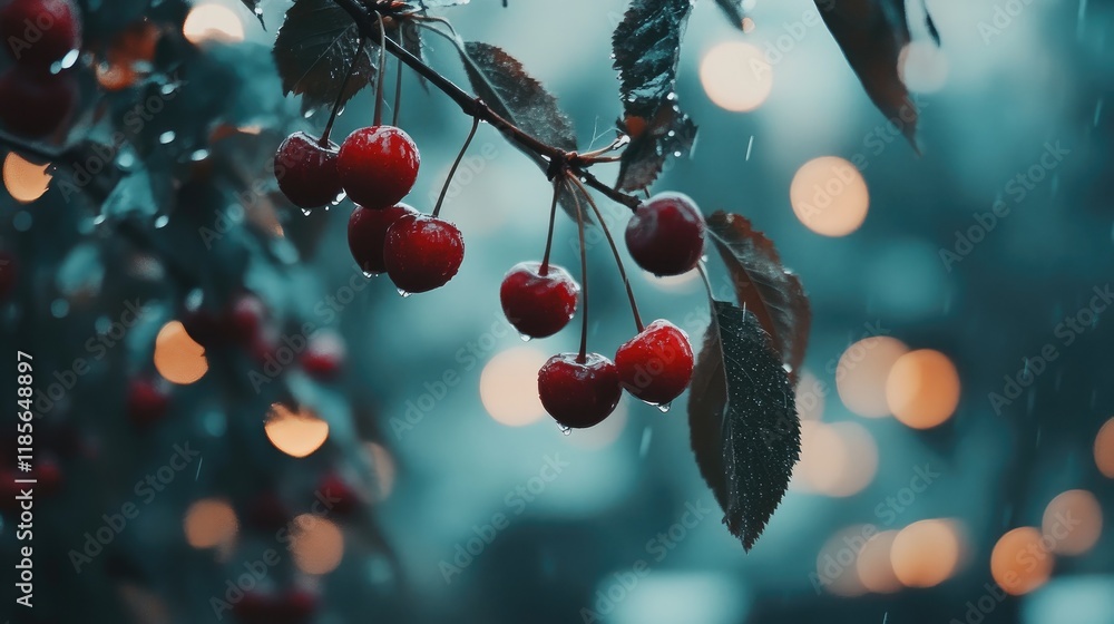 Poster ripe cherries hanging from branches with raindrops and soft bokeh lights in the background creating 