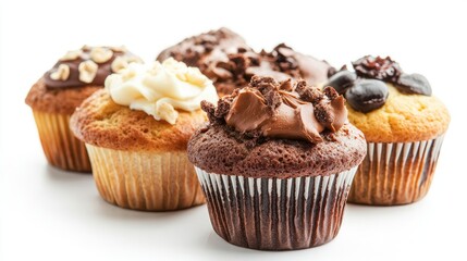 Assorted gourmet muffins with rich frosting on a white background showcasing delightful flavors and toppings.
