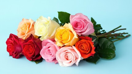 Naklejka premium Colorful assortment of fresh roses arranged on a vibrant blue background showcasing a variety of hues and delicate petals.