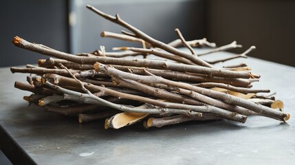 Fototapeta premium rustic display of natural twigs and branches arranged on a table for decorative or craft purposes