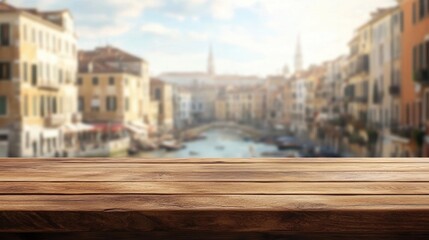 Fototapeta premium Wooden Table with Blurred Cafe Background Ideal for Food or Beverage Promotions in a Cozy Outdoor Setting