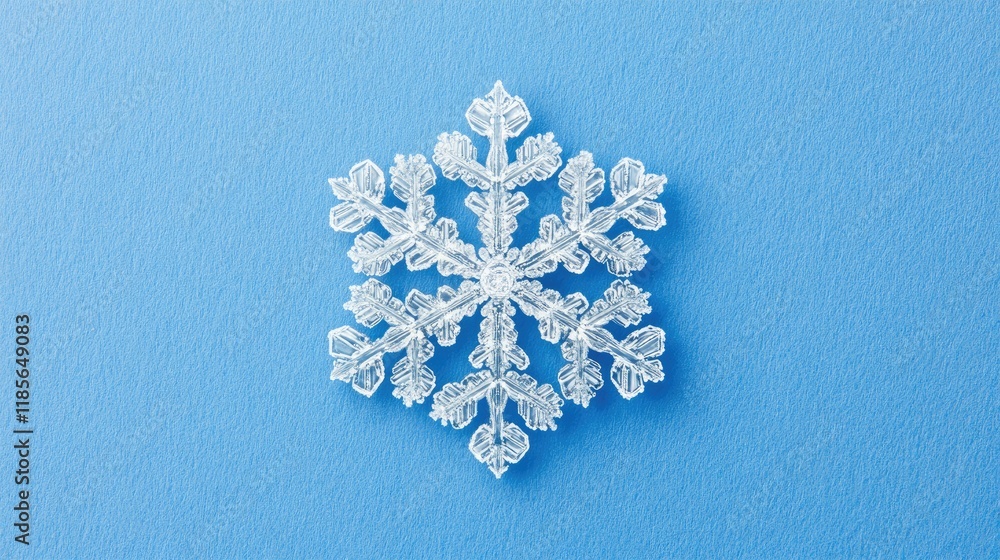 Poster detailed closeup of a real snowflake against a soft blue background showcasing intricate ice pattern