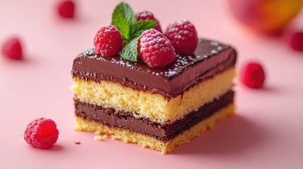 Elegant chocolate ganache dessert atop golden sponge with raspberries and mint against a soft peach backdrop for enticing culinary visuals