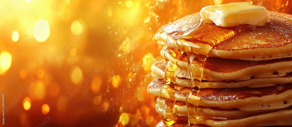 Poster stack of fluffy pancakes drizzled with syrup and topped with butter against a warm golden background