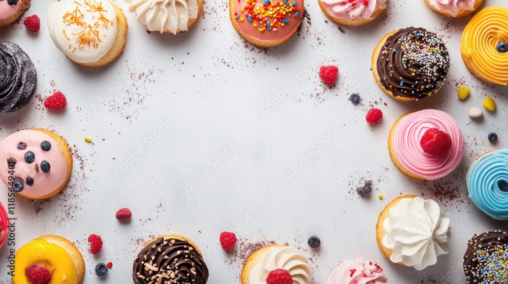 Poster colorful array of gourmet pastries and donuts in a circle with empty center for text on a bright bac