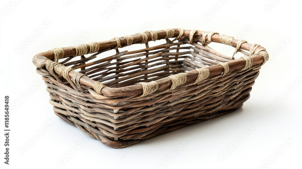 Poster rectangular wicker basket with natural fibers on a clean white background for versatile storage and 