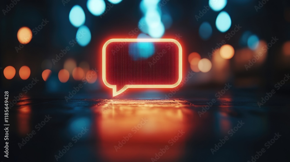 Aufkleber neon speech bubble light icon with blurred urban bokeh background in blue and orange tones and large
