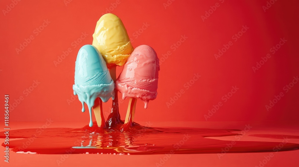Poster melting ice cream cones in bright colors on a bold red background creating a playful summery scene