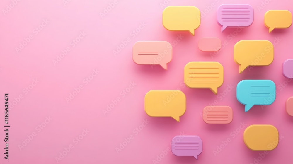 Poster colorful speech bubbles on soft pink background communicating online messaging technology concept wi