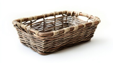 Obraz premium Rectangular wicker basket with natural fibers on a clean white background for versatile storage and display purposes