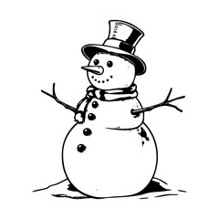 snowman engraving black and white outline. Scratch board imitation.

