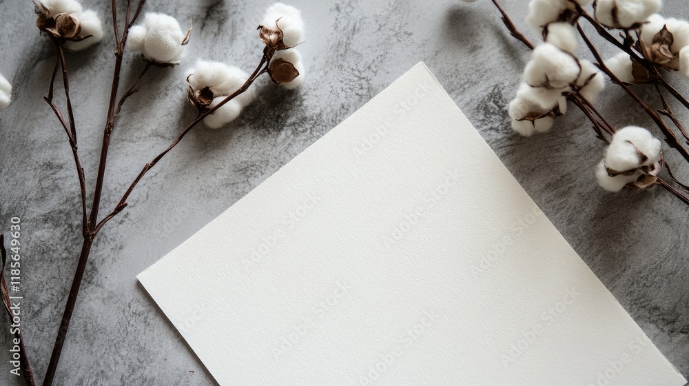 Poster cotton paper document with empty text space surrounded by cotton branches on textured background for