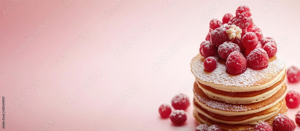 Poster stack of fluffy pancakes topped with fresh berries and powdered sugar on a soft pink background for 