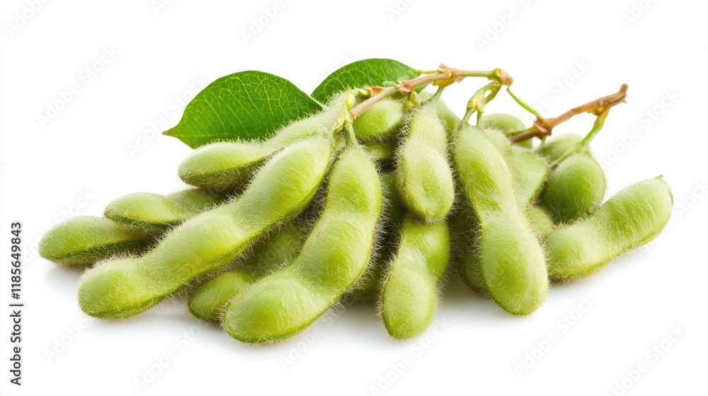Poster fresh green soybeans with distinctive fuzzy texture and vibrant leaves isolated on a clean white bac