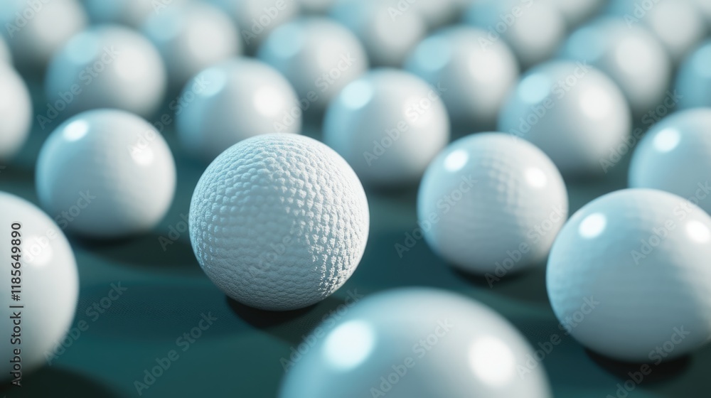 Poster conceptual image of a cluster of textured white spheres on a dark teal background with a prominent e
