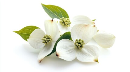 Obraz premium Dogwood flowers and berries with green leaves on a clean white background showcasing nature's seasonal beauty and delicate details