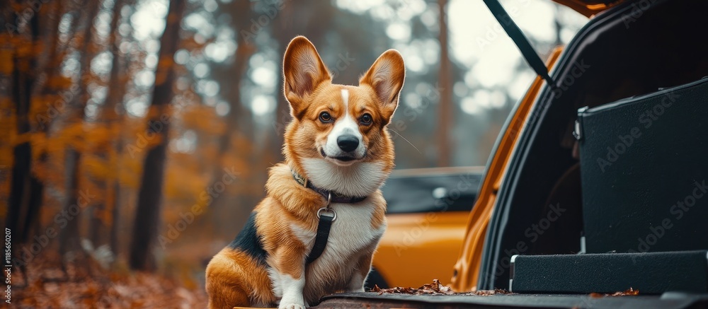 Poster corgi dog resting in car trunk surrounded by autumn foliage with ample space for text placement in a