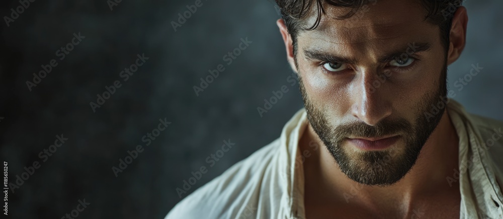 Aufkleber brunette man with tidy beard and serious expression wearing open shirt against dark textured backgro
