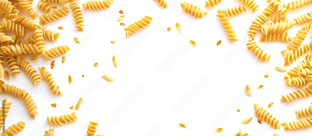 Poster corkscrew pasta scattered on white background with ample empty space for creative text or culinary d