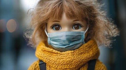 Doll in protective mask with curly hair and cozy sweater reflecting safety measures in playful yet serious manner