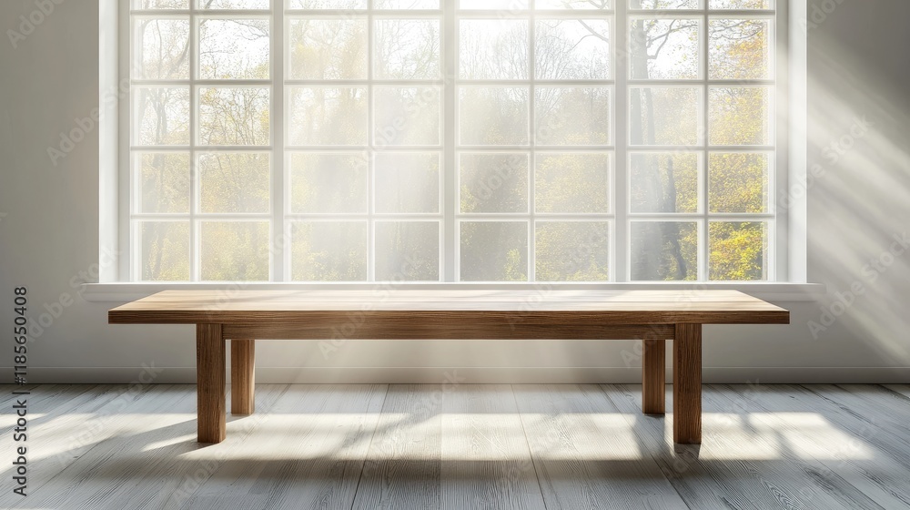 Poster sunlit empty wooden table in front of bright blurred window with natural light streaming through an 