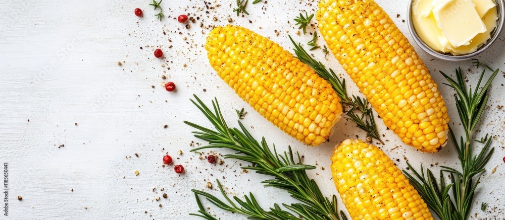Aufkleber savory corn on the cob with butter and rosemary garnished on a rustic surface empty space for adding