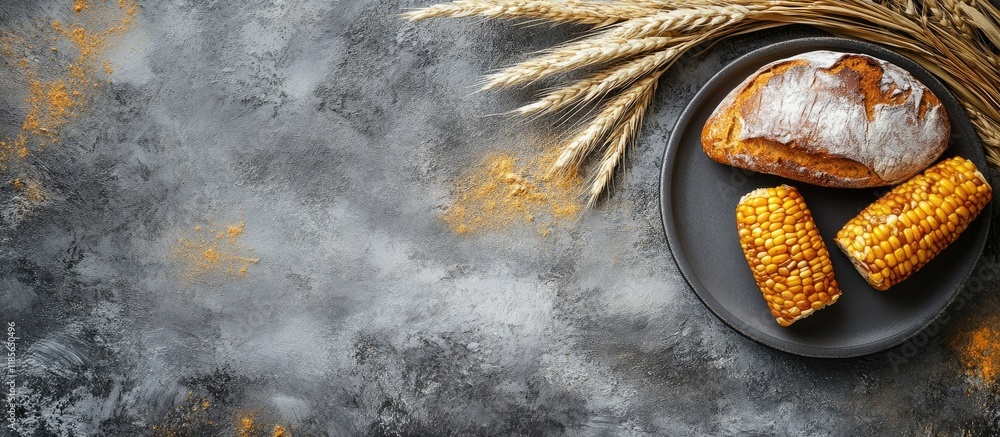 Aufkleber corn and freshly baked bread on a gray stone surface with wheat and empty space for your text or bra