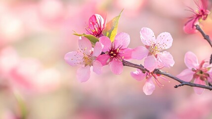 Obraz premium Peach tree branches adorned with delicate pink blossoms in springtime garden setting Soft focus background highlighting natural beauty