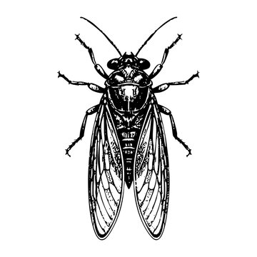 cicada insect sketch engraving black and white outline. Scratch board imitation.
